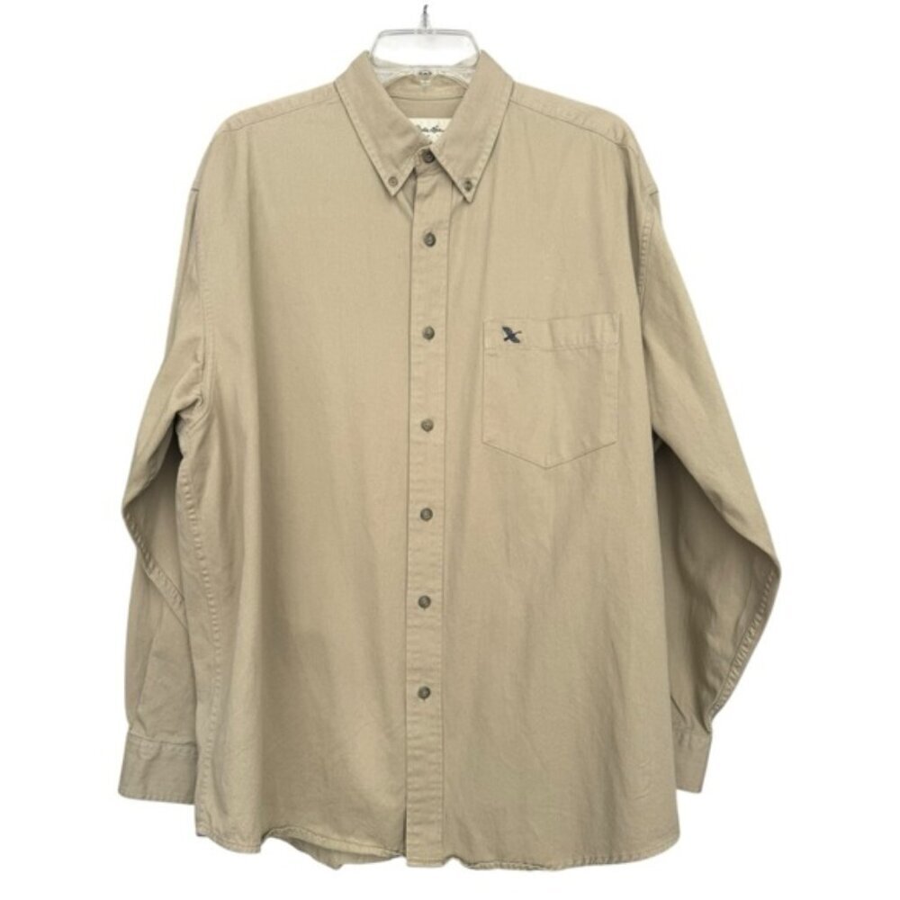 Vintage 90s EDDIE BAUER Utility Button Up Shirt Size Large Tan Cotton
